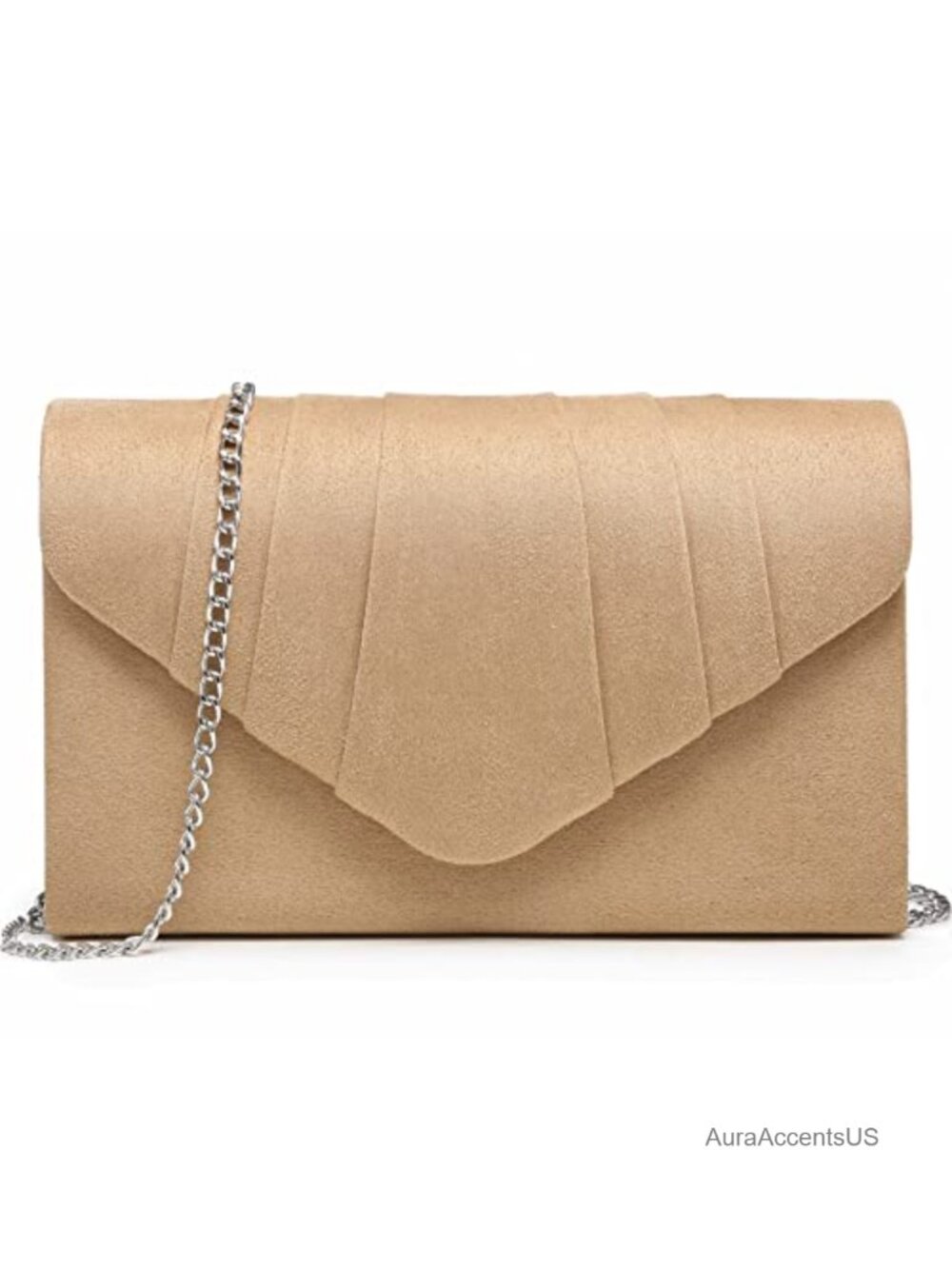 Faux Suede Pleated Envelope Evening Clutch with Detachable Chain Strap